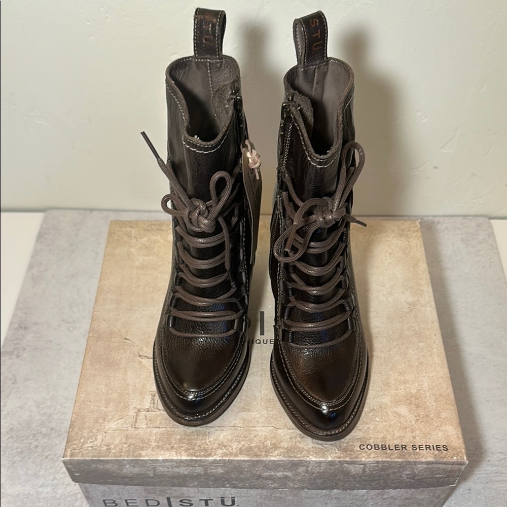 Bed|Stu Izetta | Brown Leather Lace Up Heeled Boots - Picture 2 of 4